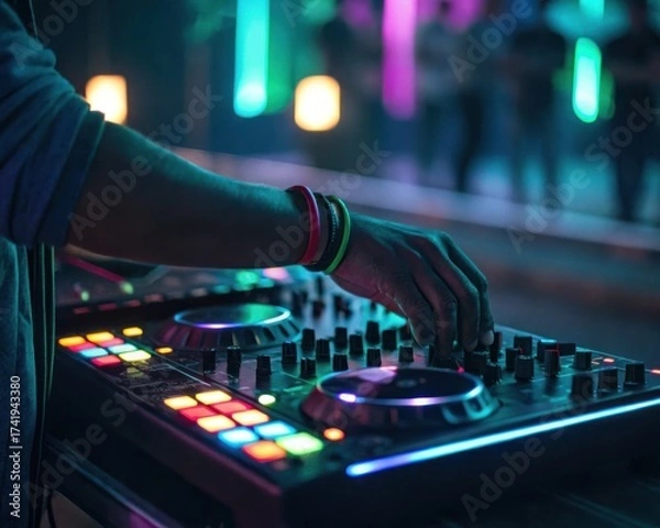 Fototapeta Dynamic DJ performance showcasing vibrant nightlife atmosphere with colorful lights sound technology and energetic crowd at lively music event