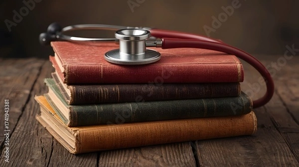 Obraz Vintage medical concept with stethoscope placed on stack of old books over rustic wooden table, symbolizing healthcare education, medical history, and lifelong learning in science and medicine.