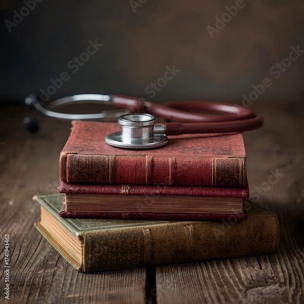 Obraz Vintage medical concept with stethoscope placed on stack of old books over rustic wooden table, symbolizing healthcare education, medical history, and lifelong learning in science and medicine.