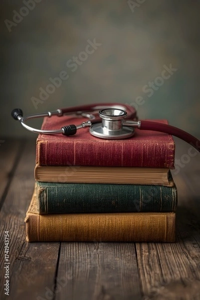 Obraz Vintage medical concept with stethoscope placed on stack of old books over rustic wooden table, symbolizing healthcare education, medical history, and lifelong learning in science and medicine.