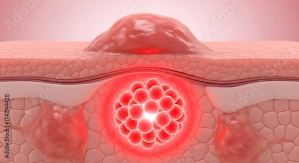 Fototapeta Three-dimensional medical render illustrating the inflamed skin tissue surrounding a cyst or developing pimple with an internal cluster of cells and red inflammation glow