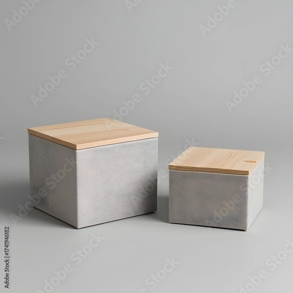 Obraz Two minimalist storage boxes made of concrete with wooden lids on a neutral gray background, showcasing modern home organization, Scandinavian design, and stylish interior decor aesthetics.