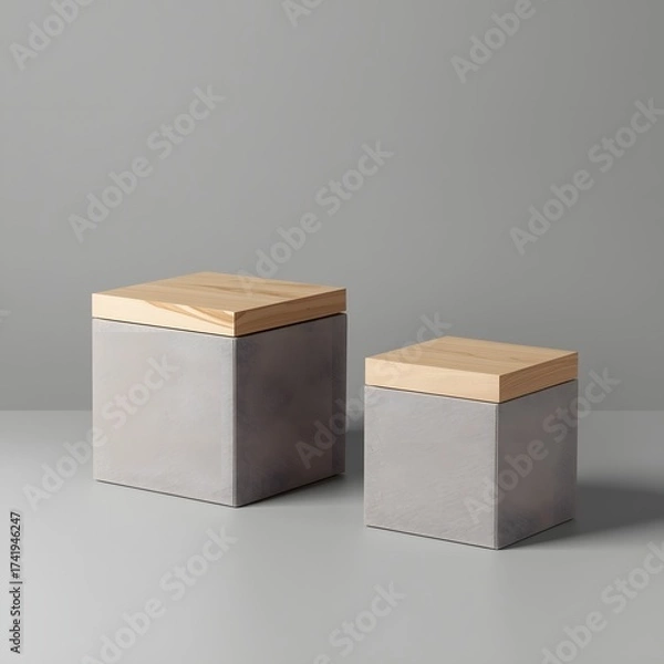 Obraz Two minimalist storage boxes made of concrete with wooden lids on a neutral gray background, showcasing modern home organization, Scandinavian design, and stylish interior decor aesthetics.
