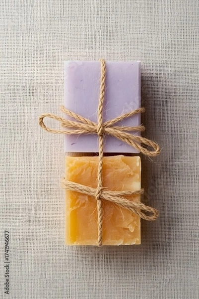 Obraz Two handmade soap bars in pastel colors, tied with natural string and placed on a light wooden surface, symbolizing eco-friendly skincare, organic hygiene, and minimalist spa wellness aesthetics.