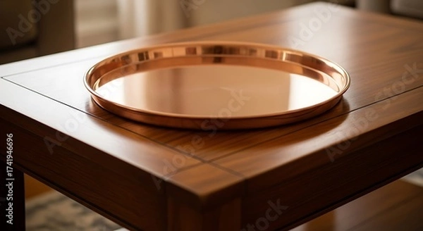 Fototapeta Elegant copper tray positioned on a polished wooden table surface