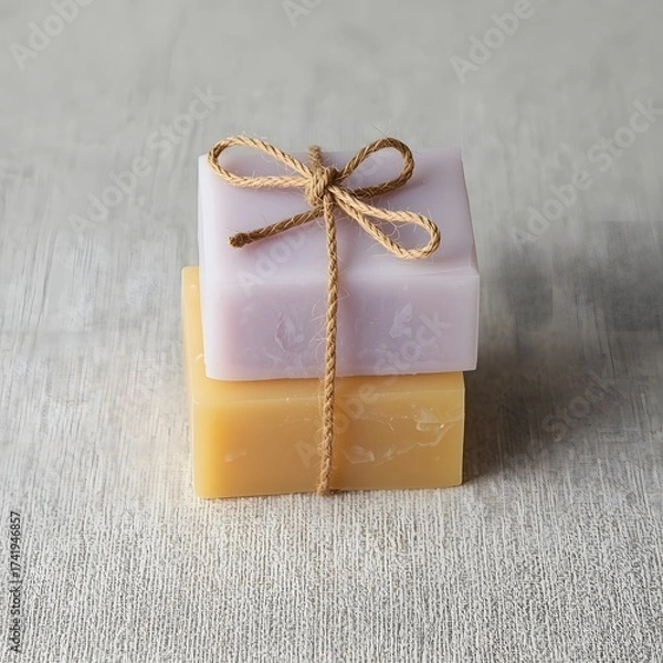 Obraz Two handmade soap bars in pastel colors, tied with natural string and placed on a light wooden surface, symbolizing eco-friendly skincare, organic hygiene, and minimalist spa wellness aesthetics.