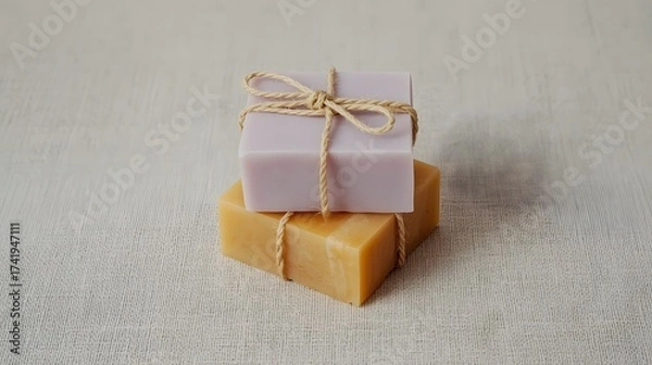 Obraz Two handmade soap bars in pastel colors, tied with natural string and placed on a light wooden surface, symbolizing eco-friendly skincare, organic hygiene, and minimalist spa wellness aesthetics.