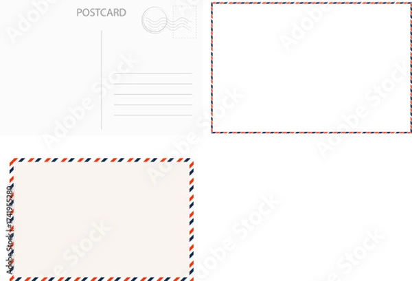 Fototapeta Travel card design template postcard retro background with grids, stamp. Mail, vintage letter design.retro border envelope with stripes. Paper texture, vintage mail. Air post letter. 
