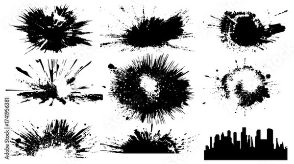 Fototapeta A collection of black ink splatters and bursts on a white background, showcasing various shapes and sizes, ideal for graphic design and artistic projects