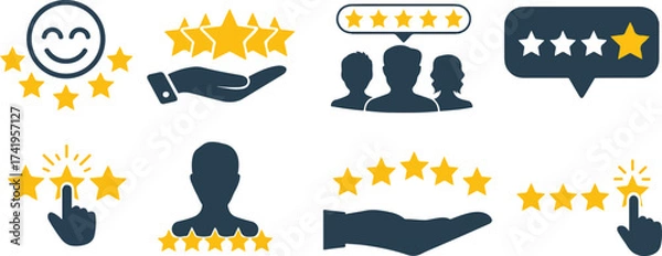 Fototapeta Five star rating icons set, customer feedback and reviews, best service quality and satisfaction concept – stock vector
