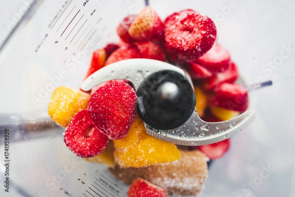 Fototapeta Frozen Fruit Smoothie Prep in Blender Top View with strawberries mango banana