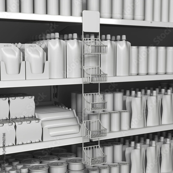 Fototapeta Сlose-up of hanging wire display stand and supermarket shelves with food products. 3d illustration