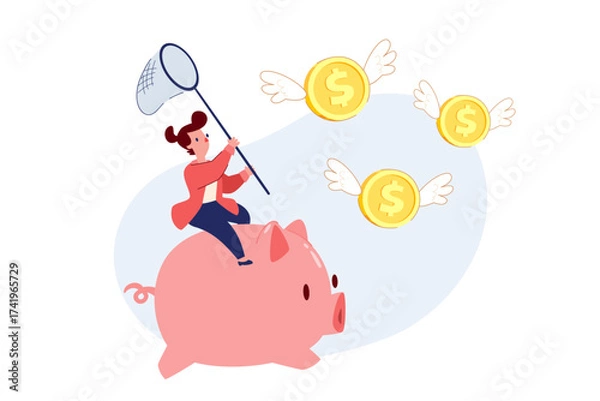 Fototapeta businesswoman on piggy bank holding butterfly net chasing coins with wings