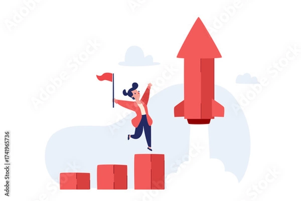 Fototapeta businesswoman cheering at bar chart launching like rocket