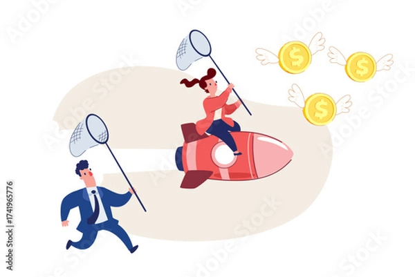 Fototapeta businesswoman riding rocket with butterfly net chasing flying money while competitor runs behind