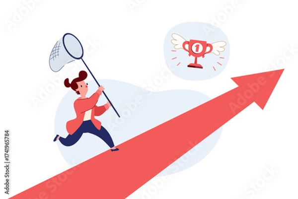 Fototapeta businesswoman running on rising arrow with butterfly net trying to catch trophy with wings