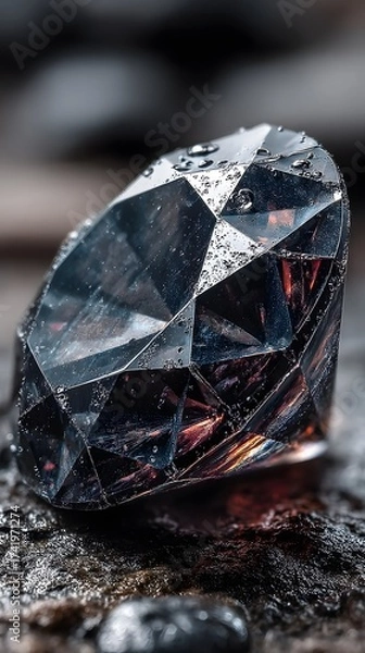 Fototapeta A close-up shot reveals the mesmerizing facets of a large, flawless diamond with water droplets resting on its surface against a textured, dark background.