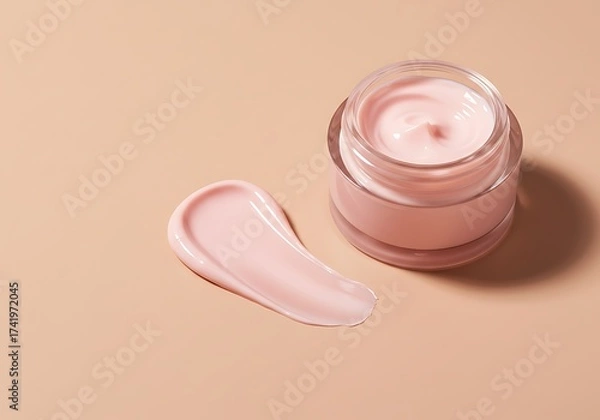 Fototapeta Luxurious flat lay of a cosmetic jar with pink cream, showing two perfect, smooth texture smears on a matching blush background