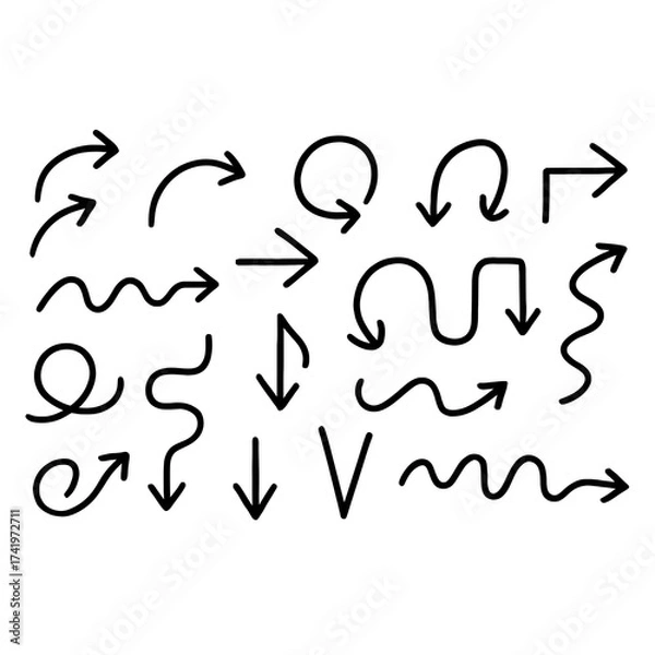 Fototapeta Set of hand-drawn black arrows in various curved, wavy, and circular styles on a white background, used for design or direction.