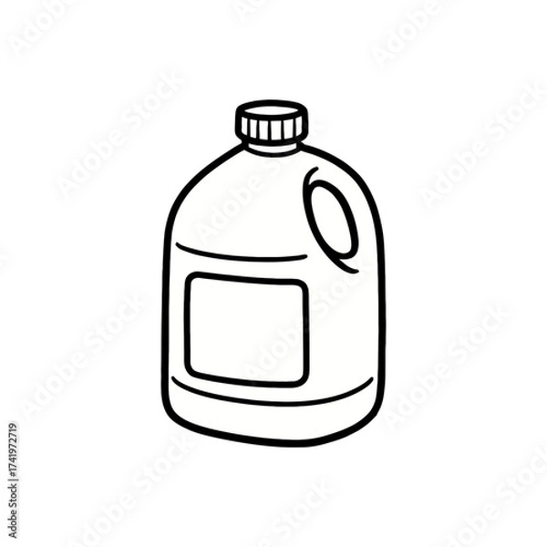Fototapeta Black and white line drawing of a plastic gallon bottle with a handle and cap, commonly used for liquids like detergent or water.