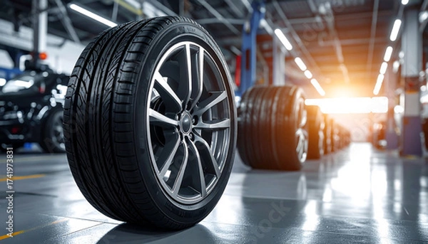 Obraz 車のホイールを主題にしたビジネスバナー用のクリーンで洗練されたガレージ風景