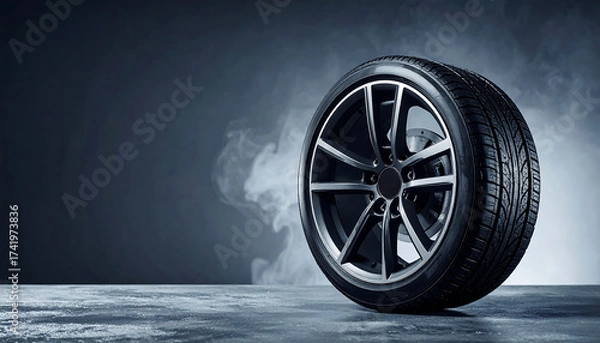 Obraz メタリックな車のホイールが映えるビジネスバナー向けのモダンな整備工場の情景