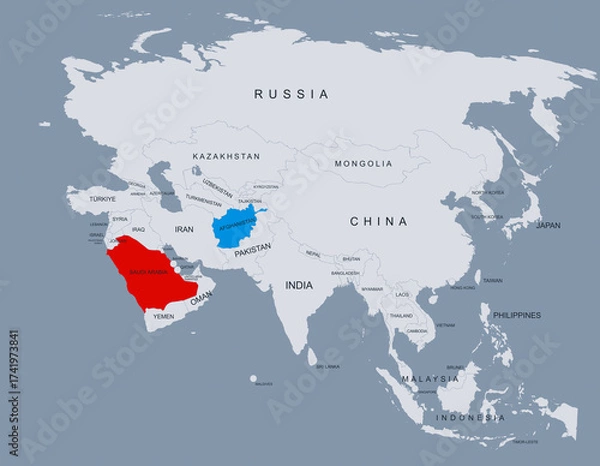 Fototapeta Saudi Arabia and Afghanistan Highlighted on Asia Map with Borders and Locations