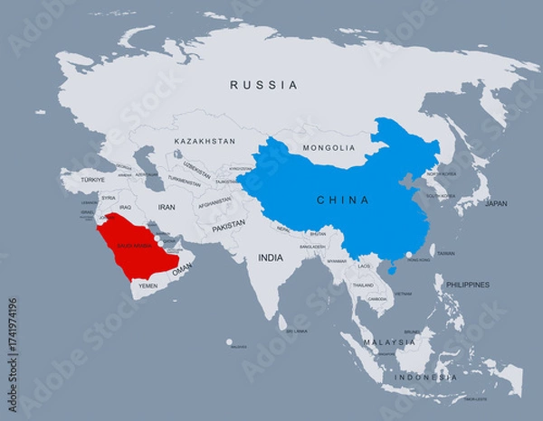 Fototapeta Saudi Arabia and China Highlighted on Asia Map Showing Borders and Locations