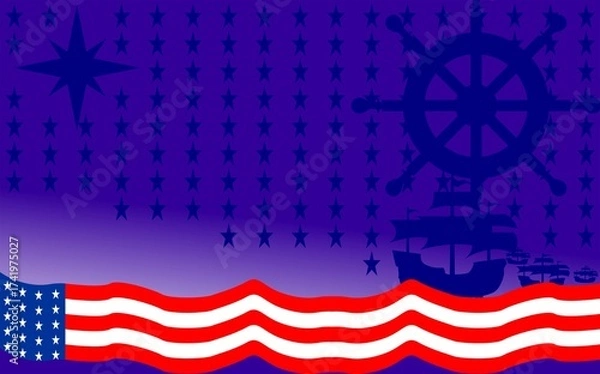 Obraz Columbus Day Background with American Flag and Historic Ship Silhouette