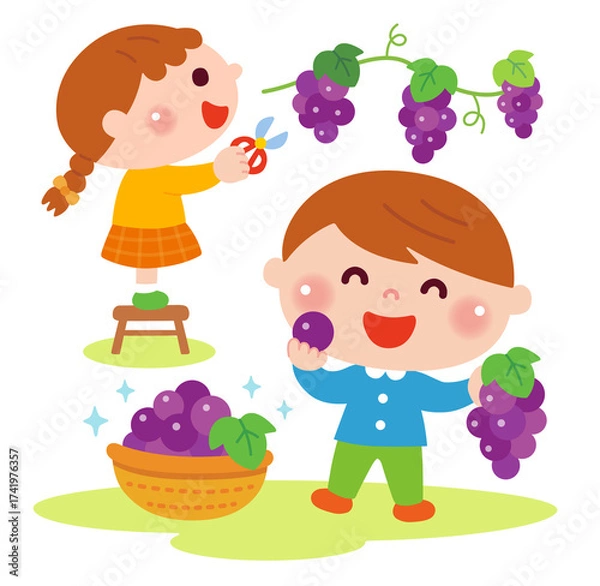 Obraz ぶどう狩りをするこどもたちのイラスト