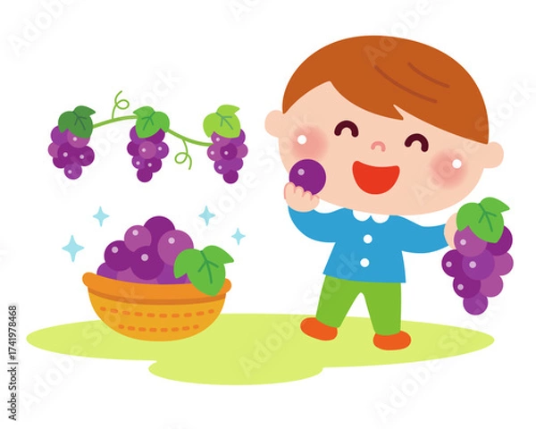 Obraz ぶどう狩りをする男の子のイラスト