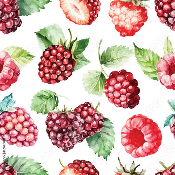 Obraz watercolor raspberries and blackberries berry Seamless pattern on white background red berries with leaves for fabric design, rustic kitchen textiles, packaging and botanical print projects