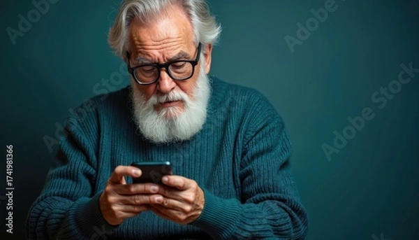 Obraz Elderly man wearing glasses reads news on smartphone with thoughtful expression. Warm lighting highlights his face as he focuses on mobile device. Senior person uses tech.