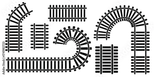 Fototapeta Monochrome graphic design set of various train track parts, showcasing different path formations like straight lines, bends, and spirals on a white background