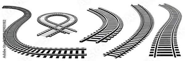 Fototapeta Set of Vector Illustrations of Railway Tracks Explore Various Designs, Curves, and Layouts for Transportation, Route Planning, and Infrastructure Projects