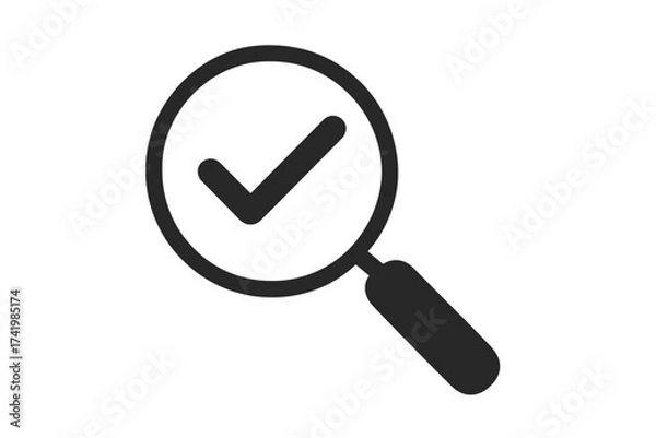 Fototapeta Magnifying glass with check mark icon. Quality control, audit and inspection concept. Symbol for validation, verification, approval, and successful search. Passed review vector.