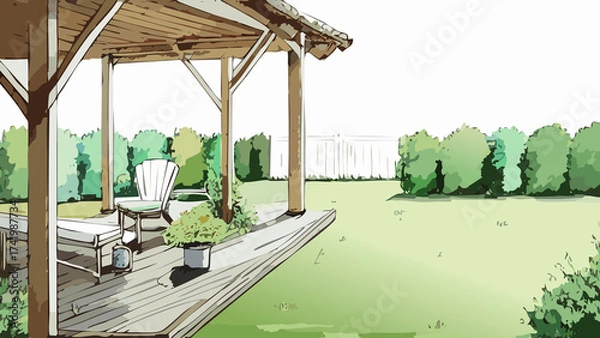 Fototapeta 緑の鮮やかな庭の手書き風パース