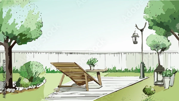 Fototapeta 緑の鮮やかな庭の手書き風パース