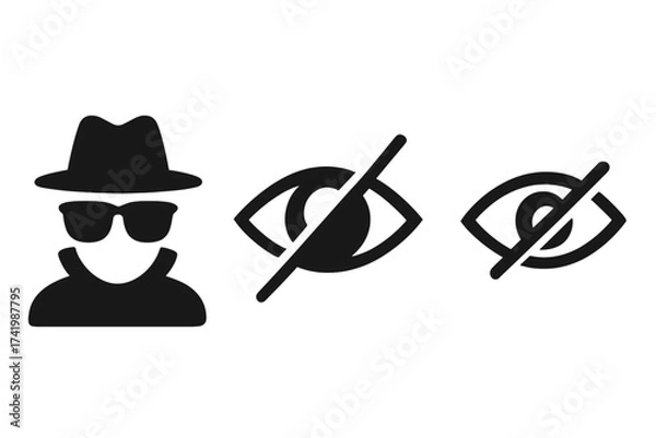 Fototapeta Privacy icon set. Incognito mode pictogram, anonymous user. Crossed-out eye symbol for hidden content, invisible, or sensitive data. Spy agent, security vector collection.