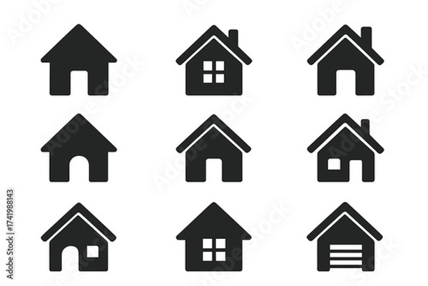 Fototapeta House icons set. Home silhouette pictogram collection. Simple real estate property symbols. Building shape for website button. Housing and mortgage graphic elements. Residential vector.