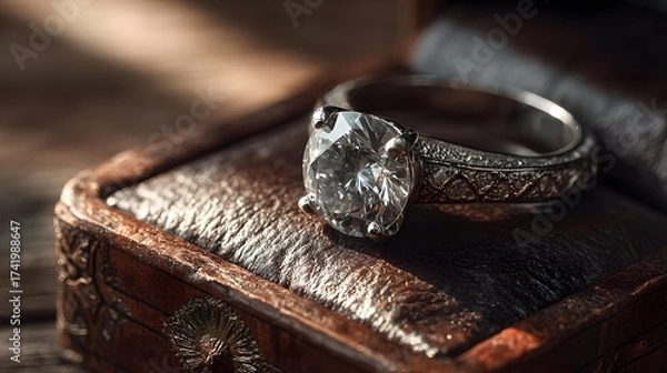 Fototapeta A dazzling diamond engagement sparkles in its vintage velvet box, ready to symbolize a lifetime of love and commitment between two people in marriage.