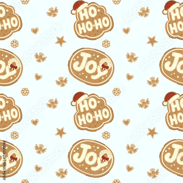 Fototapeta Seamless Christmas pattern with Joy and Ho Ho Ho gingerbread cookies, hearts and snowflakes in warm flat style