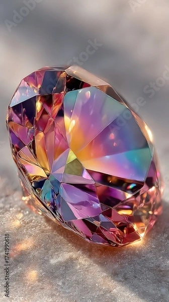 Fototapeta A beautifully iridescent gemstone catches the light, showcasing a kaleidoscope of pink, purple, and golden hues on a textured surface, creating sparkling effect.