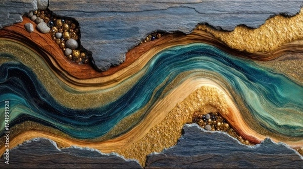 Fototapeta An artistic view of the layered abstract river with gold color blended in