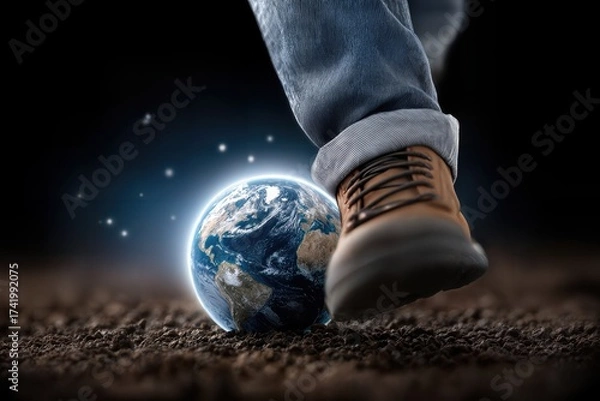 Fototapeta An image of a foot stepping on the earth globe, representing the impact of human actions on the planet. The scene shows the globe being stepped on by a shoe on the ground
