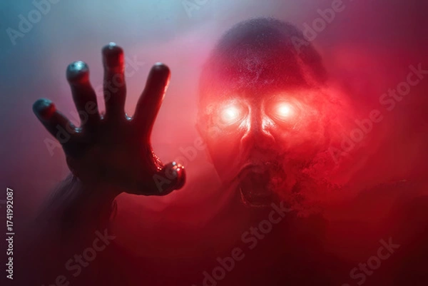 Fototapeta A creepy close-up of a frightening face with glowing red eyes reaching out through dense fog. The scene evokes fear and unease