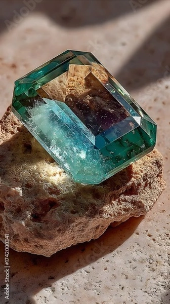 Fototapeta A captivating emerald-cut gemstone with vibrant blue and green hues rests elegantly on a textured, earthy rock surface, illuminated by gentle, warm sunlight.