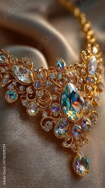 Obraz A glamorous gold necklace adorned with iridescent crystals and ornate filigree rests elegantly on a shimme satin background, exuding luxury and sophistication.