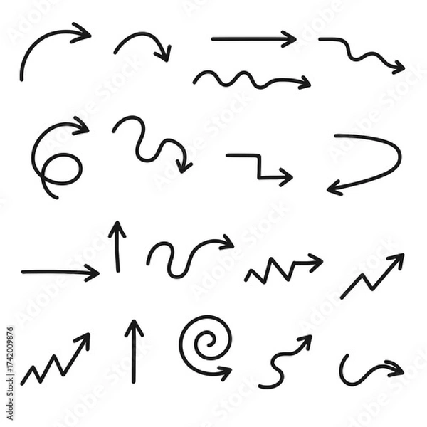 Fototapeta Collection of hand-drawn arrows in different directions and styles for decoration or indication.