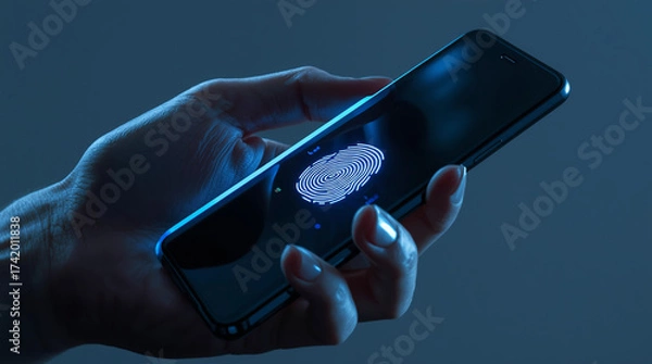 Fototapeta A close-up of a hand holding a smartphone with a glowing biometric fingerprint scanner.